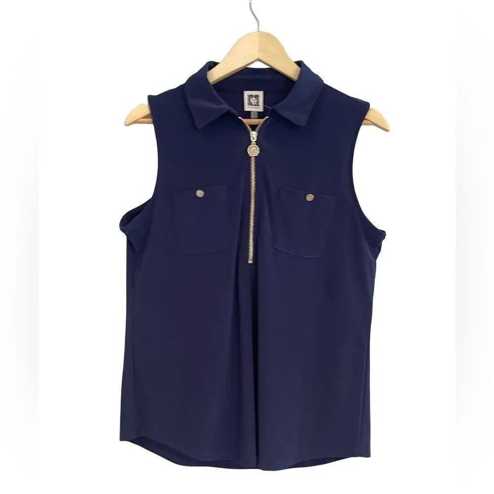Anne Klein Deep Blue sleeveless zipper, top pocket front.